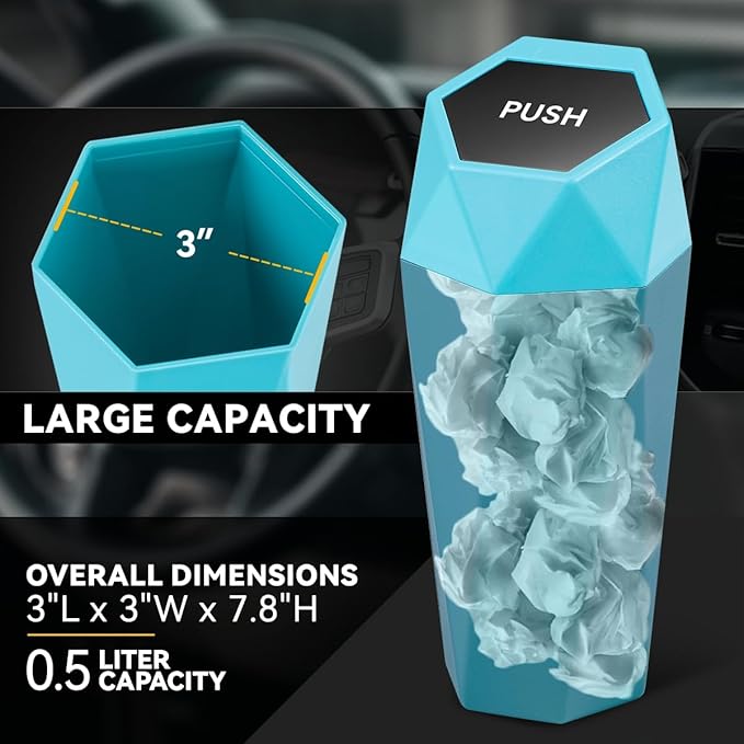 Auto Dynasty Car Trash Can with Lid, Blue Car Garbage Can Cup Holder for Interior, 1 Pack Mini Leakproof Garbage Can with 15Pcs Trash Bags, Multipurpose Storage Organizer for Vehicle Home Office