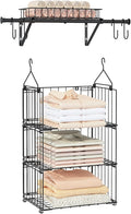 bukfen 3 Tier Hanging Closet Organizer, Wall Mounted Wire Storage Shelf with 4 Hooks, Foldable Stackable Organizer for Laundr