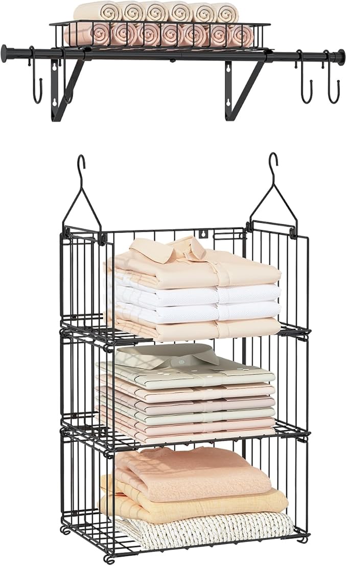 bukfen 3 Tier Hanging Closet Organizer, Wall Mounted Wire Storage Shelf with 4 Hooks, Foldable Stackable Organizer for Laundr