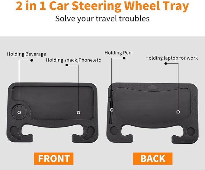 KIGI 2 in 1 Car Steering Wheel Tray for Laptop with Pen Holder Food Table for Car Multipurpose Travel Car Accessories (Black)