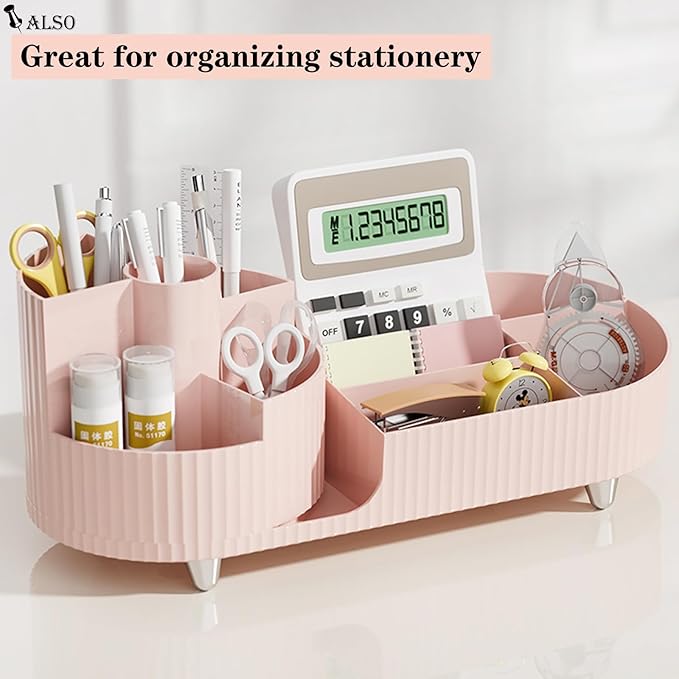 Pink Rotating Vanity Organizer with Brush Holder - Large Spinning Cosmetic Storage, Countertop Makeup & Skincare Organizer, P