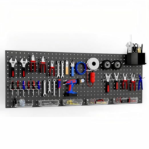 Peg Board Wall Organizer, Black Metal Pegboard Organizer, 2 Metal Pegboard Panels(12"x24") with 68 Accessories, Wall Mount La