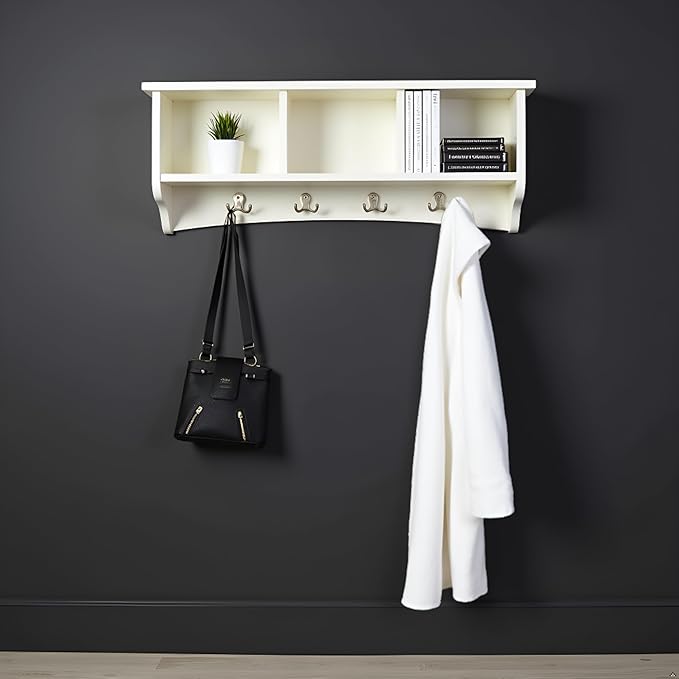 Shaker Cottage 36-Inch Wall-Mounted Coat Rack with 3 Open Shelves – Transitional Entryway Organizer, Mudroom Storage Shelf wi