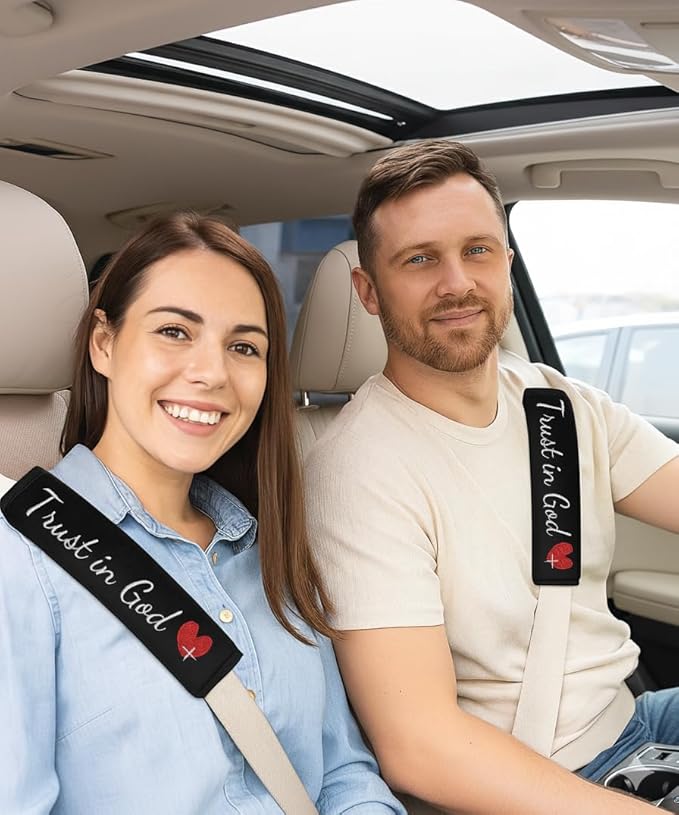 2 Pack Car Seat Belt Cover Pad with 3 PCS Trust in God Rearview Mirror Stickers,Soft Seatbelt Cushion Covers, Christian Car