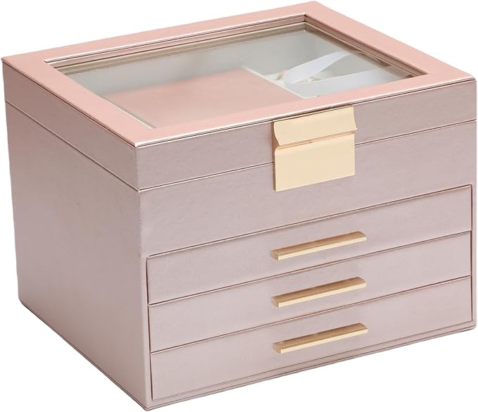 BOOVO Clear Lid Jewelry Box,3 Layers Jewelry Organizer Large Jewelry Storage Box with 2 Drawers,Jewelry Holder Organzier of R