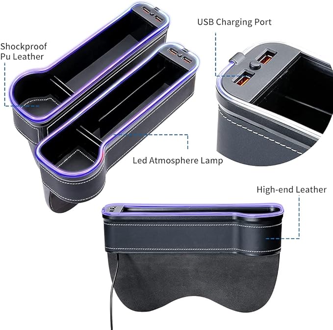 2 Pack Car Seat Gap Organizer,Multifunctional Seat Gap Storage Box with USB Fast Charger, Car Seat Pockets with Led Light, Car Seat Gap Filler with Cup Holder (Black)