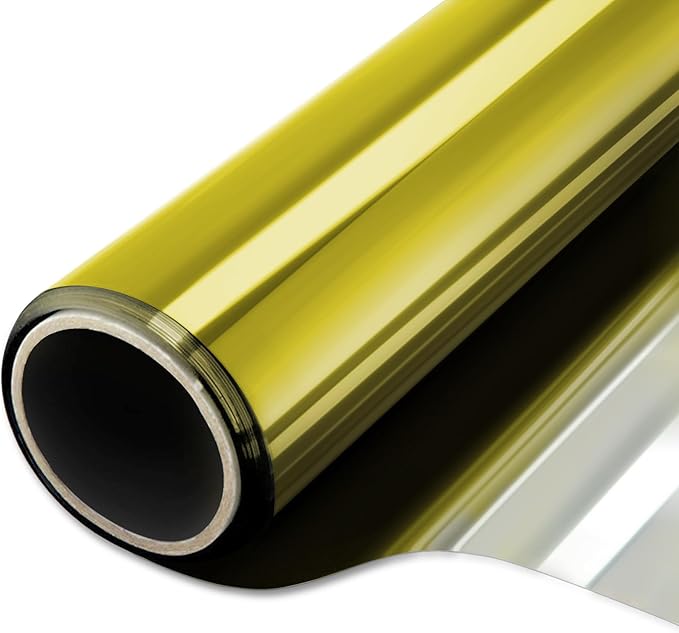 WPCTEV Window Film One Way Mirror Film Daytime Privacy Static Non-Adhesive Decorative Heat Control Anti UV Window Tint for Home and Office, Gold Silver 35.4 Inch x 6.5 Feet