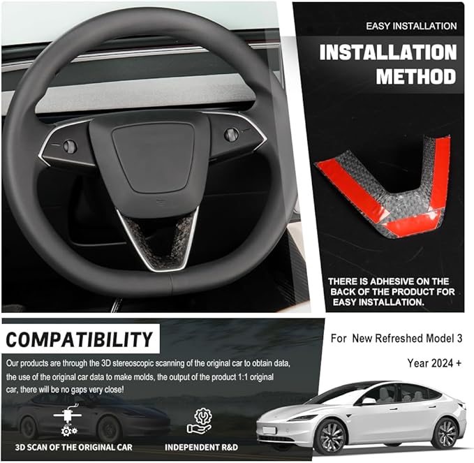 JSWAN Carbon Fiber Steering Wheel Panel Cover Fit fo Tesla Refreshed Model 3 Highland Performance (2024+) Model Y Juniper (2025+) Steering Wheel Frame Trim Cover (Forging)