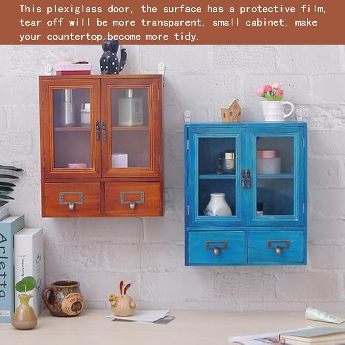 Rustic Vintage Mini Pine Counter Top Cabinet - 12" L x 4.7" W x 14" H with 2 Doors & 2 Drawers, Antique Apothecary Spice Cabi