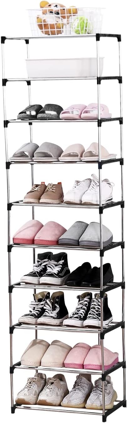 Jucaifu Stackable Small Shoe Rack, Entryway, Hallway and Closet Space Saving Storage and Organization (10-Tier, Black)