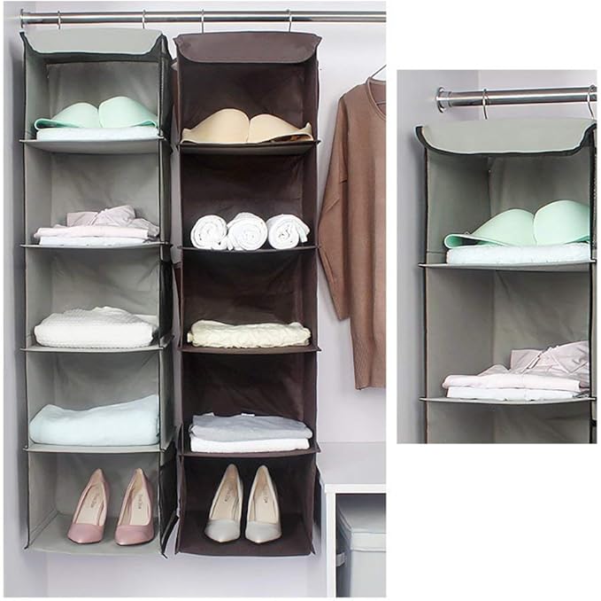 BrilliantJo 5 Shelves Hanging Closet Organizer, 2 Pack Hanging Storage with 6 Side Pockets for Clothes Bags, 43"x12"x12"(Gray