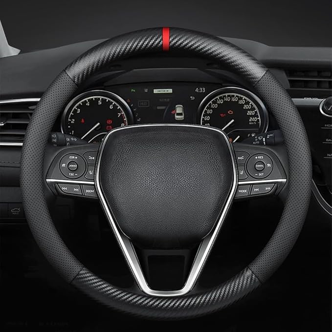Carbon Fiber Leather car Steering Wheel Cover, Comfortable and Anti-Skid, Universal 15 inch (Black)