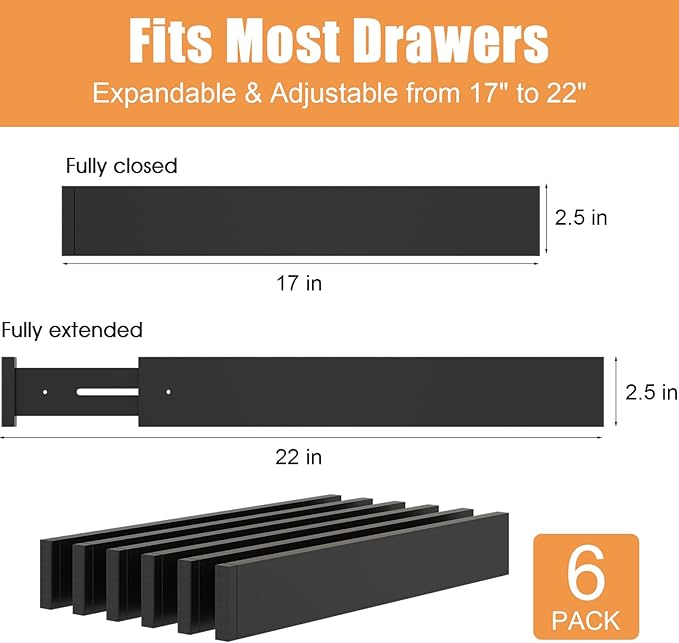 Bamboo Drawer Dividers,17-22" Adjustable Kitchen Drawer Organizer for Clothes,6 Pack Expandable Drawer Organization Separator