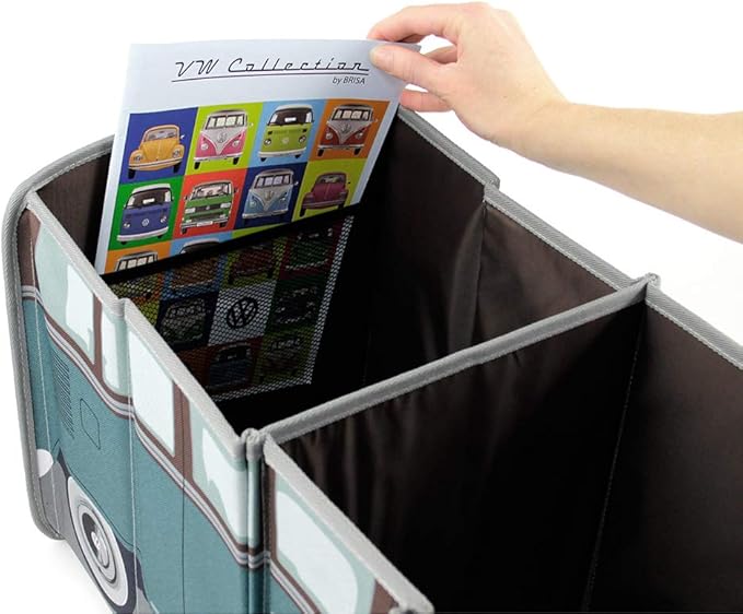 BRISA VW Collection - Volkswagen Foldable Storage Trunk Box Bag for Grocery Shopping in VW T1 Bus Campervan Shape (Classic Bus/Petrol & Brown)