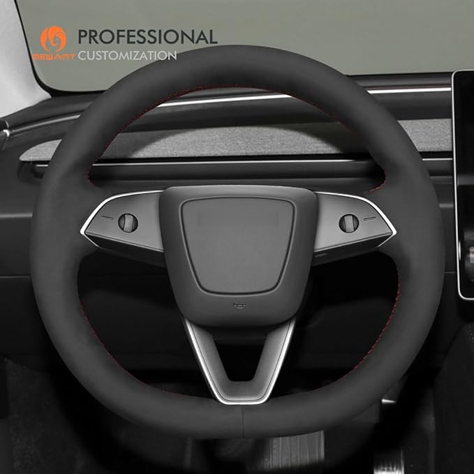 MEWANT Hand Stitched Matte Carbon Fiber&PU Leather Steering Wheel Cover Wrap for Tesla Model 3 Highland 2023 2024 2025 Steering Wheel Accessories