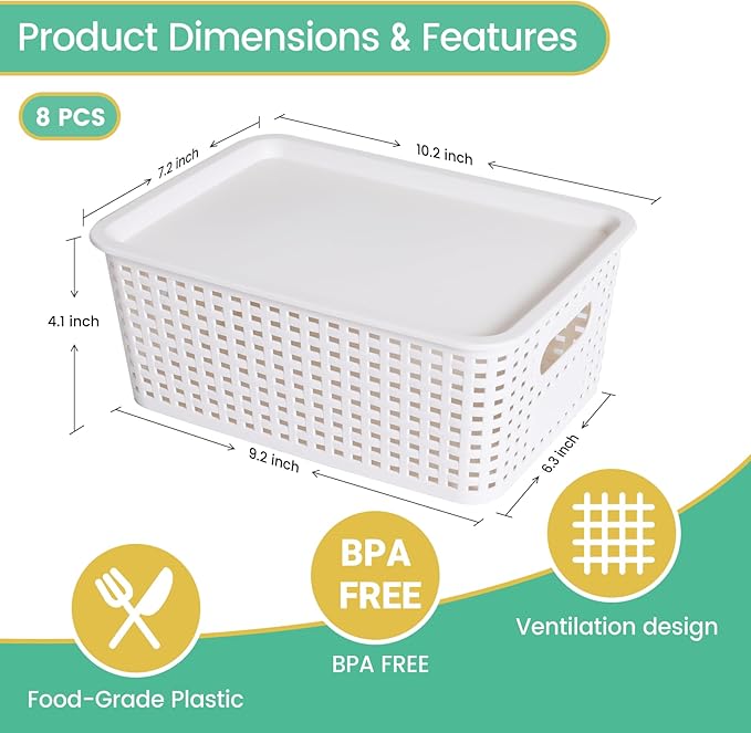 Plastic Storage Baskets with Lid-Plastic Storage Containers Stackable Storage bins: Storage Baskets for Organizing Shelves Dr
