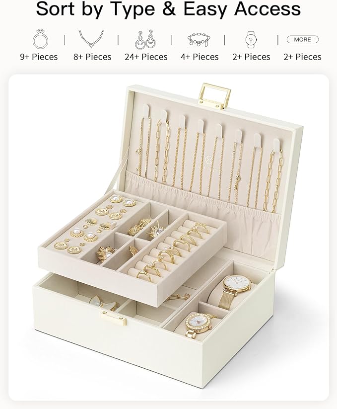 Vlando Jewelry Organizer,2 Layer Jewelry Box Large Jewelry Organizer for Women Removable Jewelery Tray with Watch Pillow for 