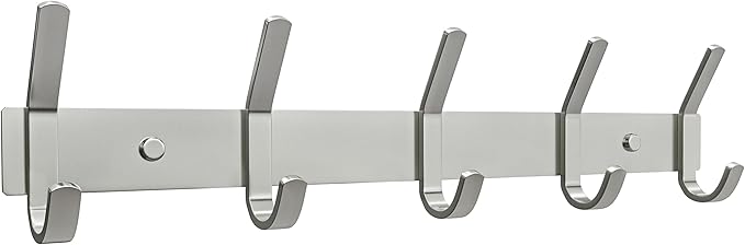 Coat Rack Wall Mount – Brushed Nickel 15 Inch Stainless Steel Hook Rail with 5 Heavy Duty Double Coat Hooks – Wall Mounted Co