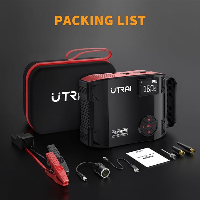 UTRAI Jump Starter with Air Compressor, 7000A 27000mAh Car Starter Jump Box with 150PSI Tire Inflator, Portable Jump Pack (All Gas/10L Diesel), DC160W, QC3.0 Jumper Cables, 1600LM Light
