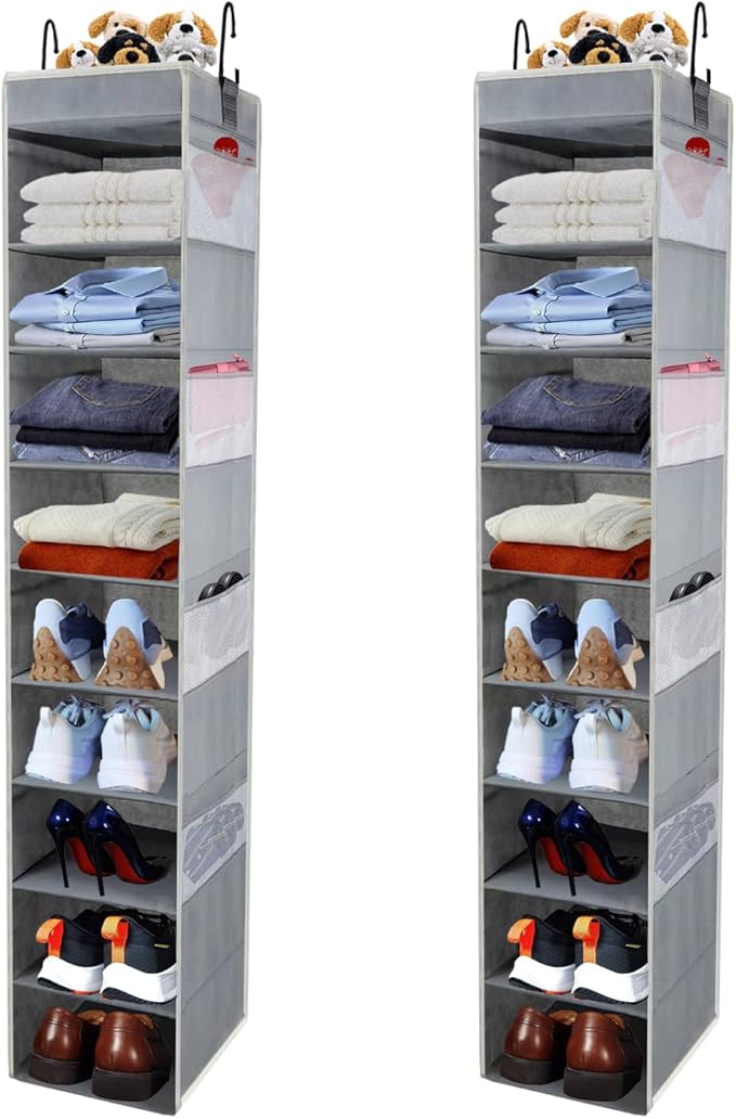 2 Pack Large-Sized Hanging Shoe Organizer 10-Shelf, Sturdy Hanging Closet Organizer with 8 Side Pockets, Wider Hanging Shelve