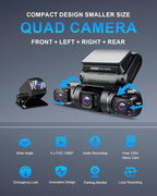 PRUVEEO 360° 4 Channel Dash Cam Front and Rear Inside Left Right, Dash Camera for Cars, Built-in GPS WiFi Night Vision, 24/7 