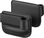 2 Pcs Car Seat Gap Filler Organizer, Leather Storage Box with Cup Holder, Cable Hole, Clutter Catcher for Cars, Black Seat Gap Storage Pockets for Driver and Passenger Seats