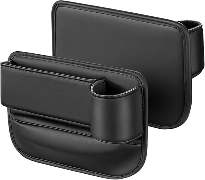 2 Pcs Car Seat Gap Filler Organizer, Leather Storage Box with Cup Holder, Cable Hole, Clutter Catcher for Cars, Black Seat Gap Storage Pockets for Driver and Passenger Seats