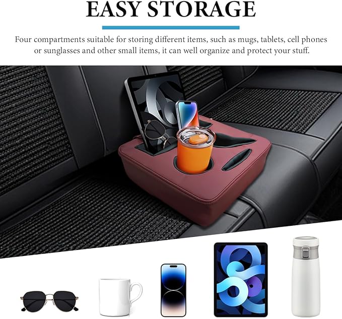 Car Back Seat Organizer, Leather Automotive Rear Seat Couch Cup Holder Expander Tray, Vehicle Cup Holder Tray Holds Snacks Remotes Phones for Truck RV Boat Couch Pillow Bed (Wine Red)