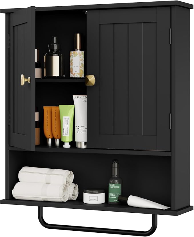 RRX Bathroom Cabinet Wall Mounted Medicine Cabinets with Towels Bar, Over The Toilet Storage Cabinet with 2 Doors and Adjusta