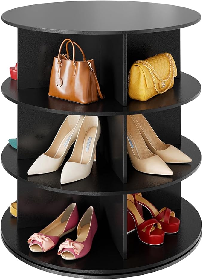 SpaceAid 3 Tier Rotating Shoe Rack Tower, Spinning Shoe Display Lazy Susan, Revolving 360 Shoe Rack Storage Round Carousel, V