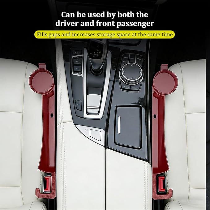 2PCS Car Seat Gap Filler, Soft Carbon Fiber Vehicle Between Seat and Console Organizer with Cup Holder, Prevent Falling Automotive Interior Chair Gap Plug, Universal Fit (Red)
