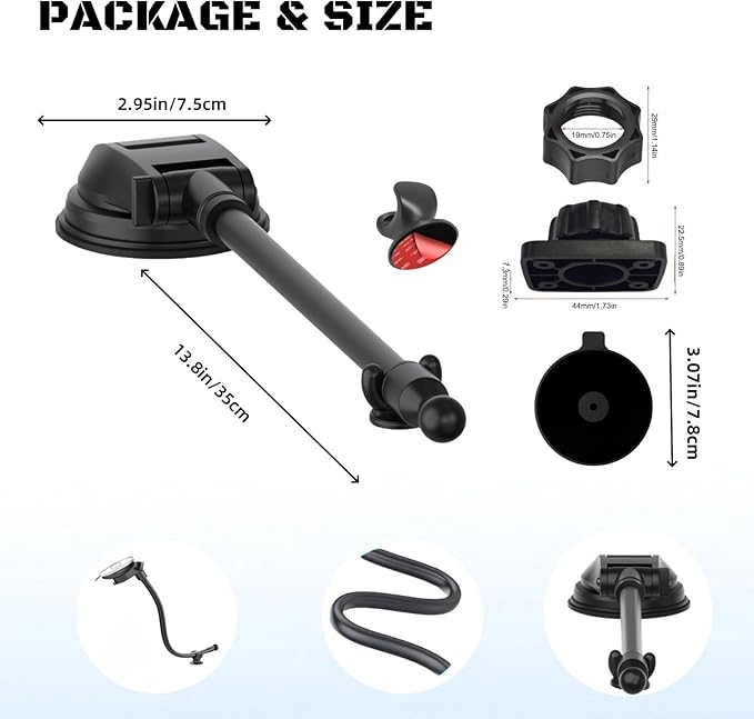 Suction Cup Mount for Carplay Screen with Scrwes, 11.8” Long Arm 360° Adjustable Aluminum Alloy Arm, Strength Windshield Dashboard Mount with 78mm Adhesive Disk for All Car Display Holder