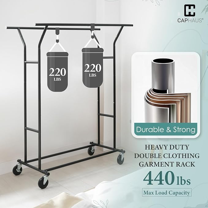 CAPHAUS Heavy Duty Clothes Rack with Double Rods, 440LBS Capacity Rolling Clothing Rack for Hanging Clothes, Adjustable Metal