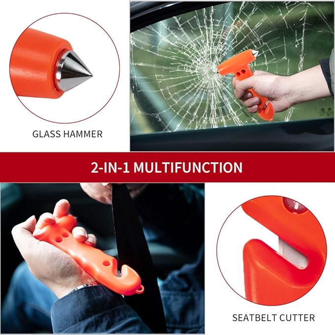 Car Safety Hammer 2-Pack, Auto Emergency Escape Hammer with Window Breaker and Seat Belt Cutter, Striking Red Emergency Escap