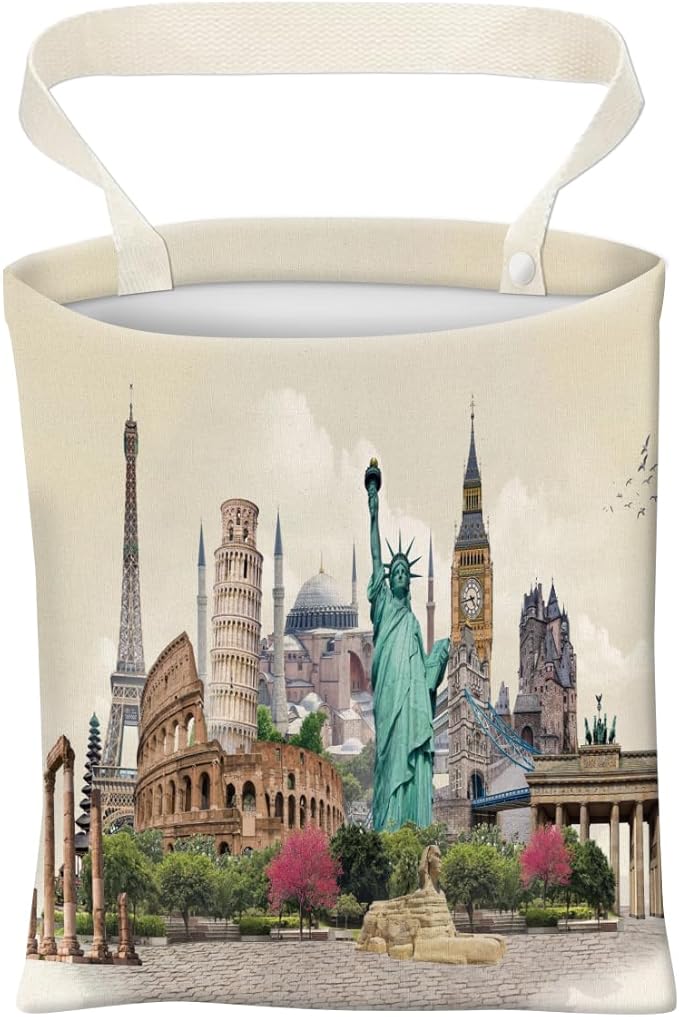Car Trash Can, Cute Car Trash Bag, Hanging Car Organizer and Storage Bag, Trash Bin for Car Accessories, Vehicle, Travelling, Camping Luxury Cityscape Pattern