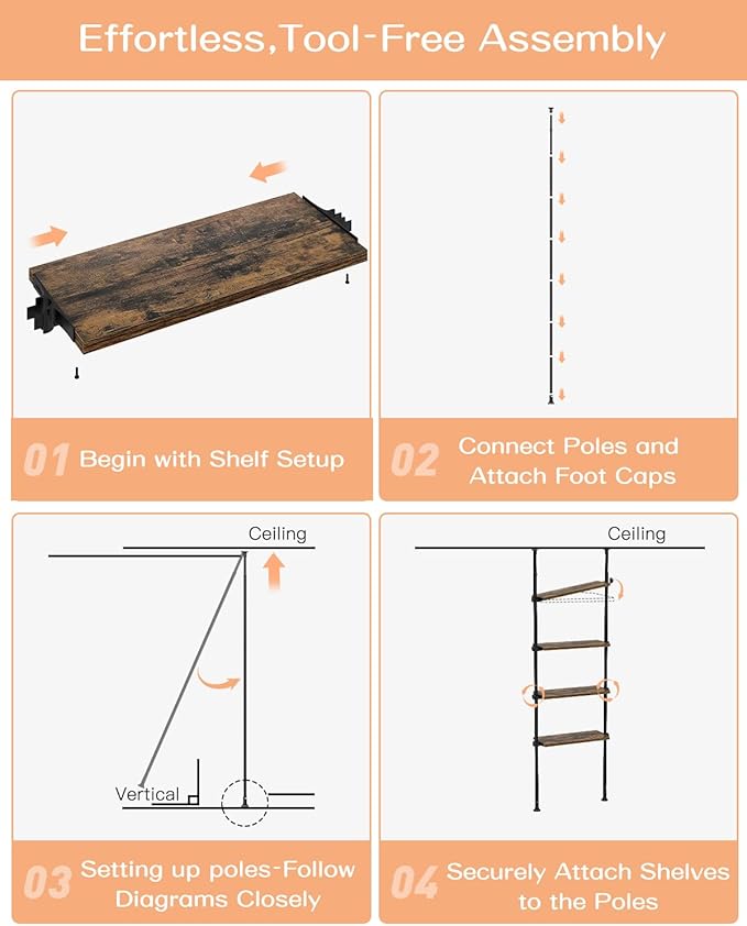 ALLZONE Adjustable Tall Narrow Bookshelf for Bedroom, 4-Tier Ladder Bookcase for Small Spaces, Tension Mount Tall Skinny Book