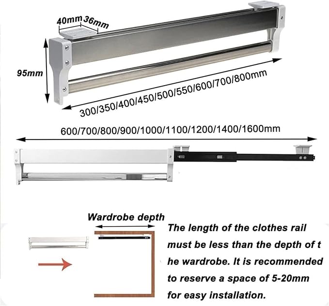 Extendable Clothes Rail - Sliding Wardrobe Closet Rod, Adjustable 30-80cm Wardrobe Rail Clothes Rack, Pull Out Closet Rod wit