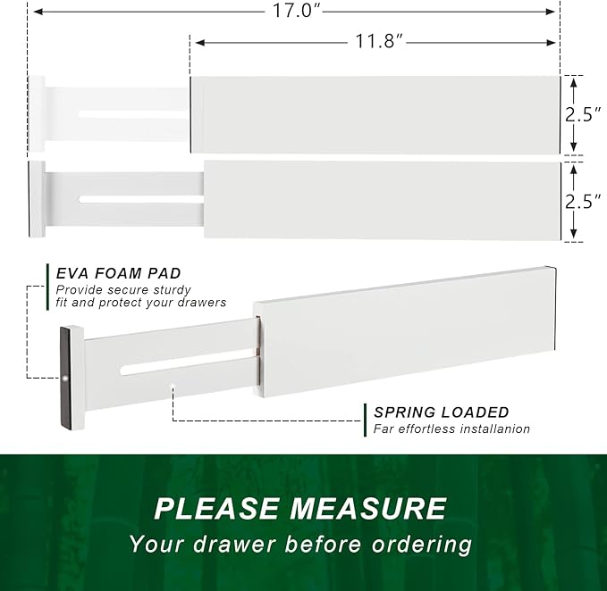 4 Pack Bamboo Drawer Dividers 2.6" High, Adjustable Length from 12 Inch to 17 Inch, Expandable Kitchen Drawer Organizer Separ