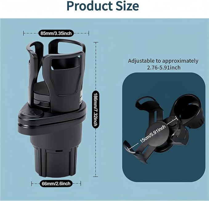 2-in-1 Car Cup Holder Adapter, Multifunctional Front seat Adjustable Cup and Beverage Holder, Compatible with car Circular Cu