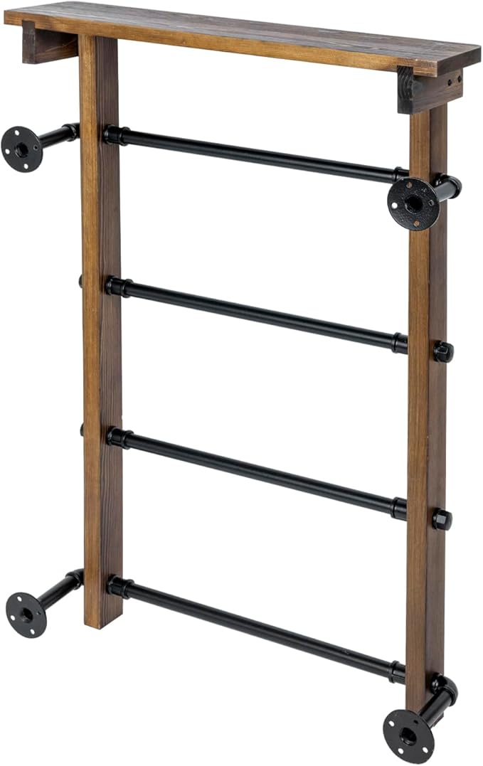 MyGift 4-Tier Wall Mounted Towel Rack Ladder with Top Storage Shelf, Rustic Burnt Solid Wood Hanging Towel Holder with 4 Blac