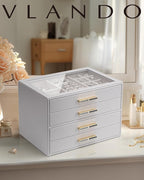 Vlando 4 Layer Jewelry Box for Women, Glass Lid Jewelry Organizer with 4 Drawers for Necklaces Rings Earrings Bracelets - Gre