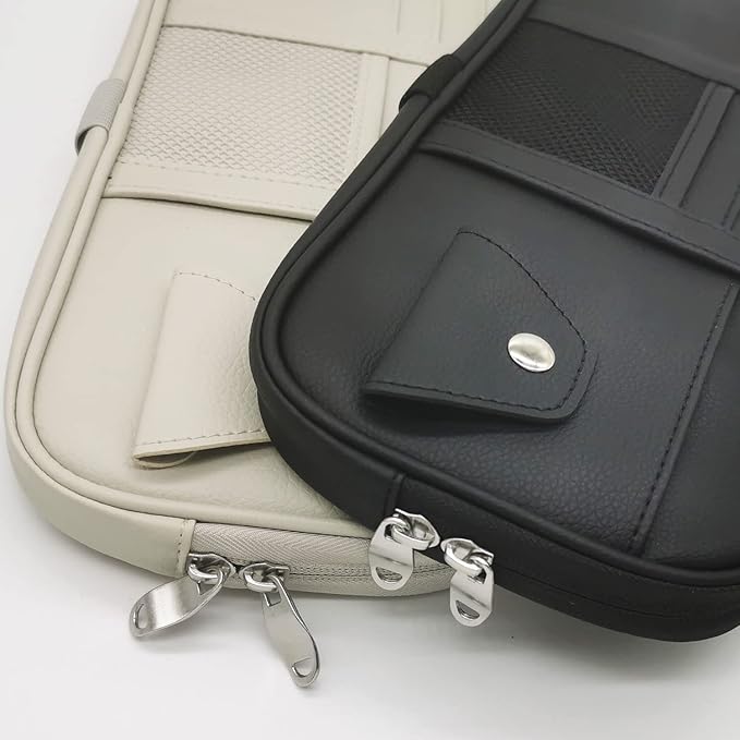 Da by Car Visor Organier Truck SUV Sun Visor Storage Pocket PU Leather Pouch Holder with Multi-Pocket Double Zipper Net Pocket, for Cards Pens Sunglasses Document (Cream Grey)