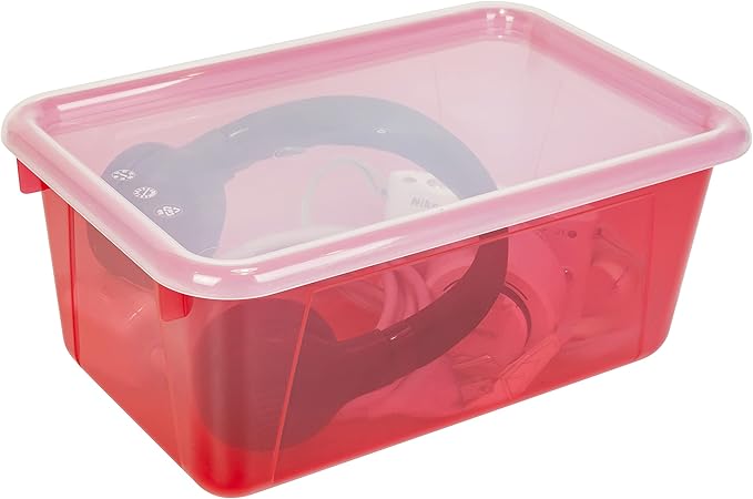 Storex Small Cubby Bins – Plastic Storage Containers for Classroom with Non-Snap Lid, 12.2 x 7.8 x 5.1 inches, Tint Red, 5-Pa
