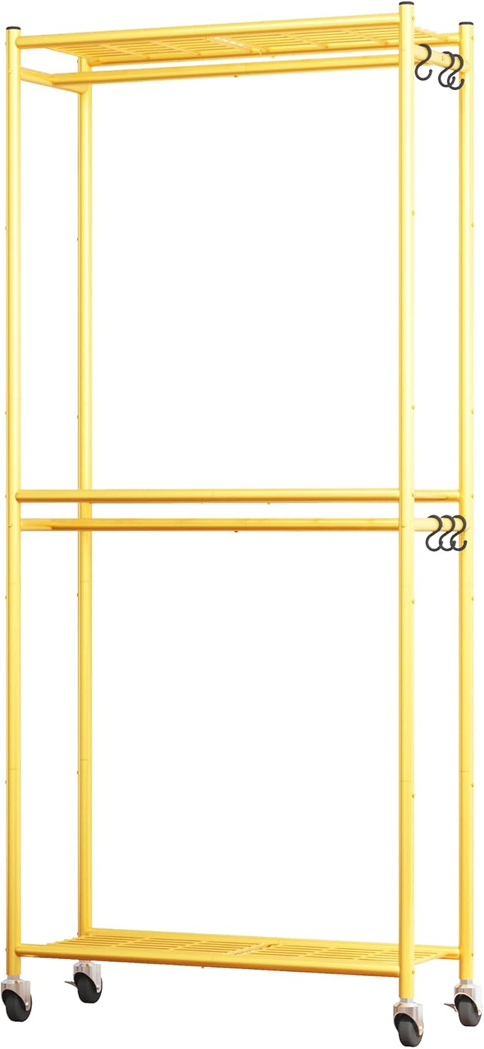 Sakugi Clothes Rack - 33.0" x 12.2" x 79.5" Clothing Rack with Shelves & Wheels, Multi-Functional Wardrobe Closet with Hooks,