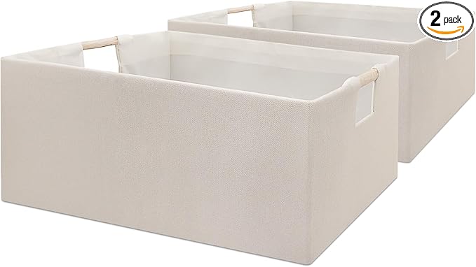 Foldable Fabric Storage Cubes, 2 Packs Cloth Storage Baskets with Wooden Handles, Collapsible Shelf Closet Organizer Bins, Re