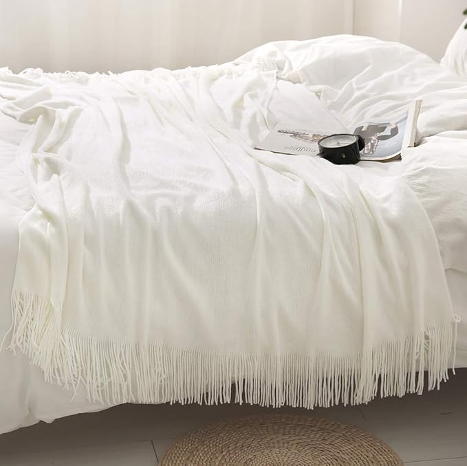 Homiest Decorative Knitted Throw Blanket with Fringe Soft & Cozy Tassel Blanket for Couch Sofa Bed- 50 x 60 (50" x 60", Ivory
