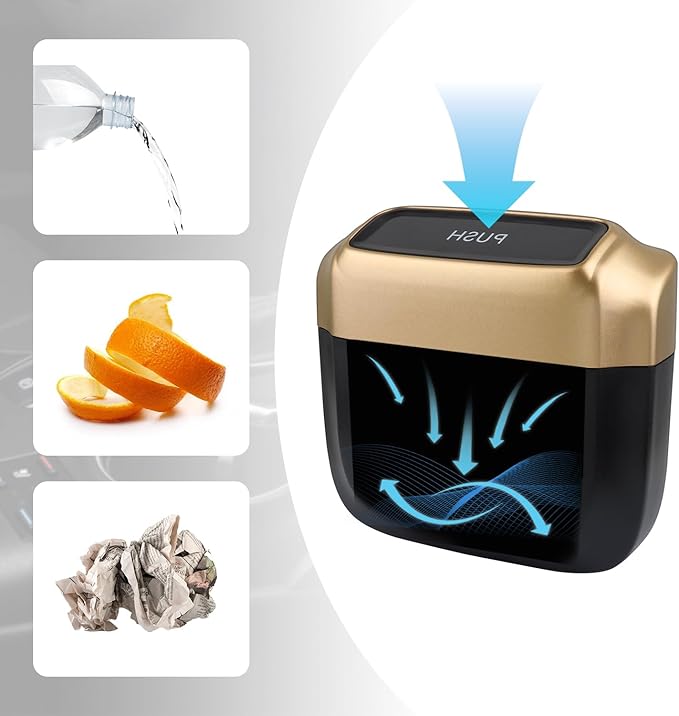2PCS Car Trash Can with Lid + 60PCS Garbage Bag,Mini Trash Can Car Interior Accessories,Multifunctional ABS Car Organizers and Storage (Gold)