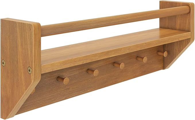 Max & Lily Wall Shelf with Pegs, 24 Inch Floating Bookshelf for Kids Room, Solid Wood Wall-Mounted Storage Shelf with Hooks f