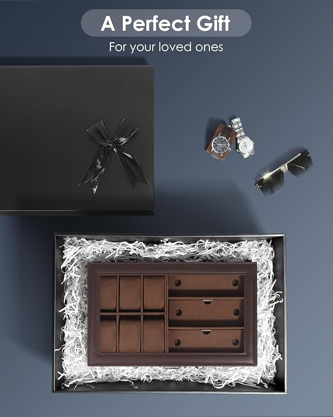 Kukikan Watch Jewelry Box Organizer, 6-Slot 2-Layer Watch Case and Sunglasses Storage with Large Glass Lid, Mens Jewelry
