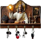 Wooden Multifunctional Home Key Holder, Wooden Keys Holder with Jesus Communion Theme, Religious Christian Home Decor Wall Mo